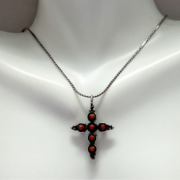 Vintage Reversible Turquoise Coral Snake Eye Cross Sterling Silver Necklace - Picture 2 of 10